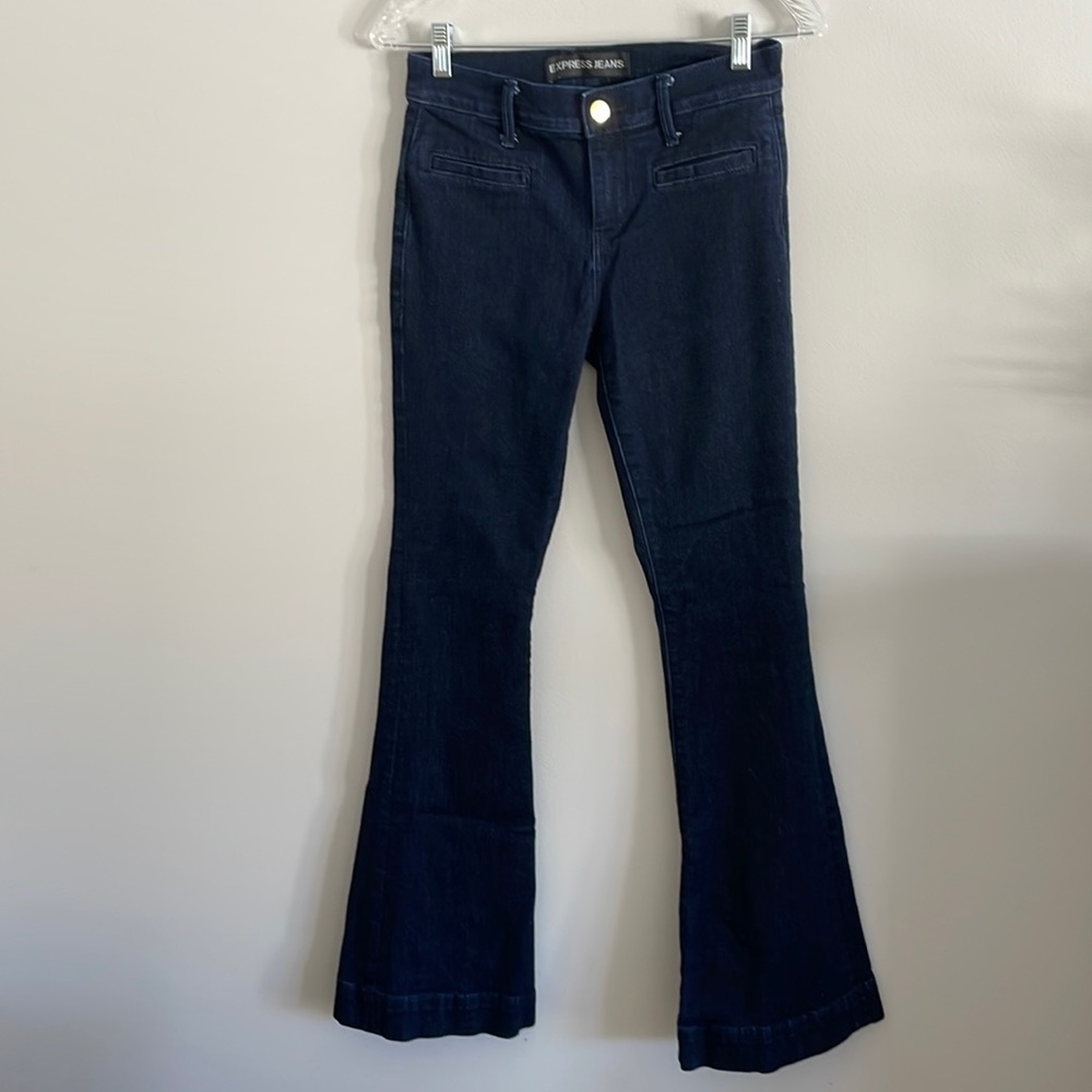 Express Mia slim flare dark blue jeans. Size 2R.